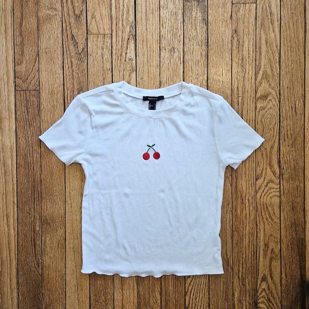 Forever 21 Womens White Tee with Cherry Embroidery